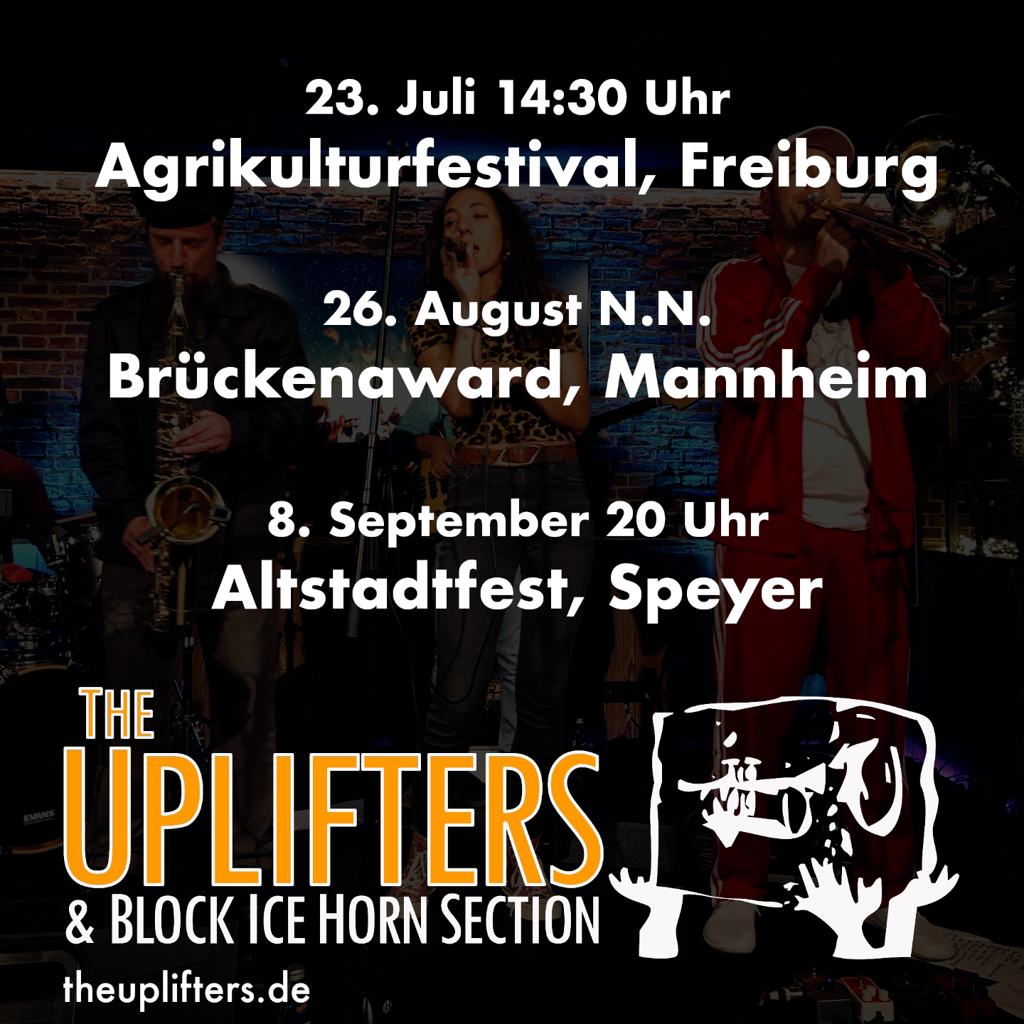 23. Juli 14:30 Agrikulturfestival, Freiburg
26. August Brückenaward, Mannheim
8. September Altstadtfest, Speyer
