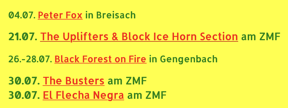 Screenshot von reggae-freiburg.de. Am 4.7. spielt Peter Fox in Breisach, am 21.7. die Uplifters aufm ZMF.