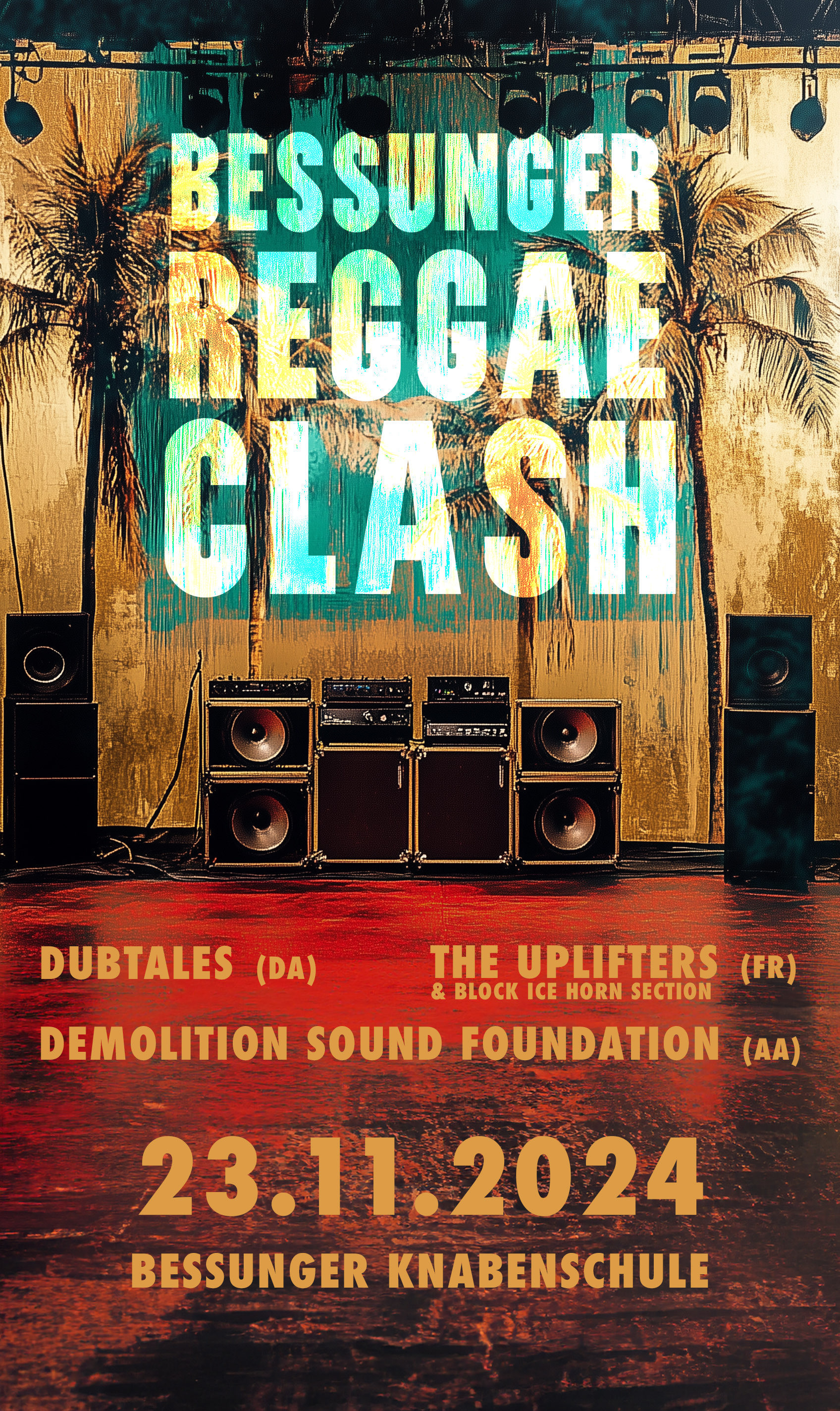 Veranstaltungsplakat für “Bessunger Reggae Clash” am 23.11.2024 in der Bessunger Knabenschule in Darmstadt. Es spielen die Dubtales (Darmstadt), die Uplifters (Freiburg) und Demolition Sound Foundation (Aachen).